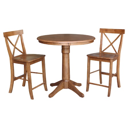 International Concepts Round 36 in Rd Ped Gathering Ht Table, 2 X-Back Stools, Distressed Oak, 36 in W, 36 in L, 35.1 in H K42-36RT-27B-S6132-2